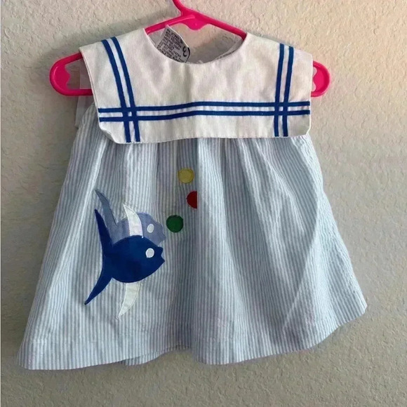 Vintage Samara Blue and White Sailor Dress with Fish Summer Seersucker - Picture 1 of 5